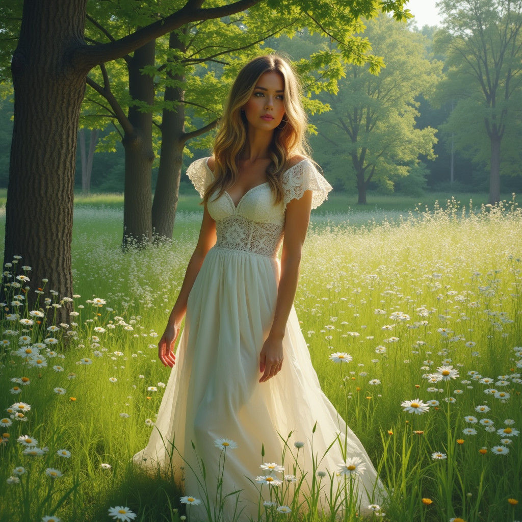 Romantic Woman in Meadow, Dreamy Ethereal Portrait