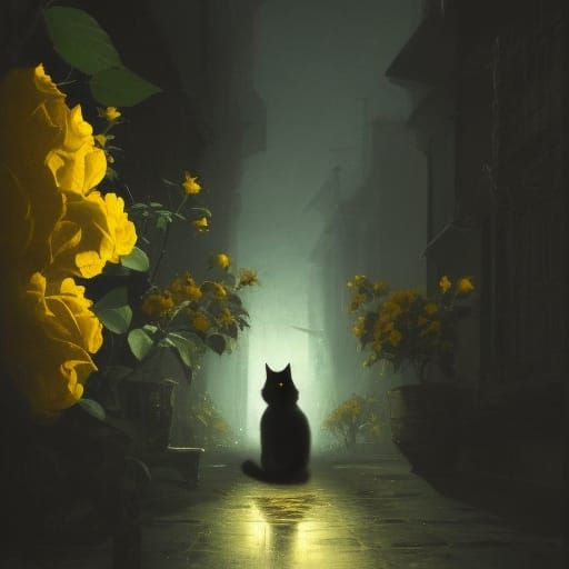 Black Cat Among Yellow Roses in Dark Fantasy Style