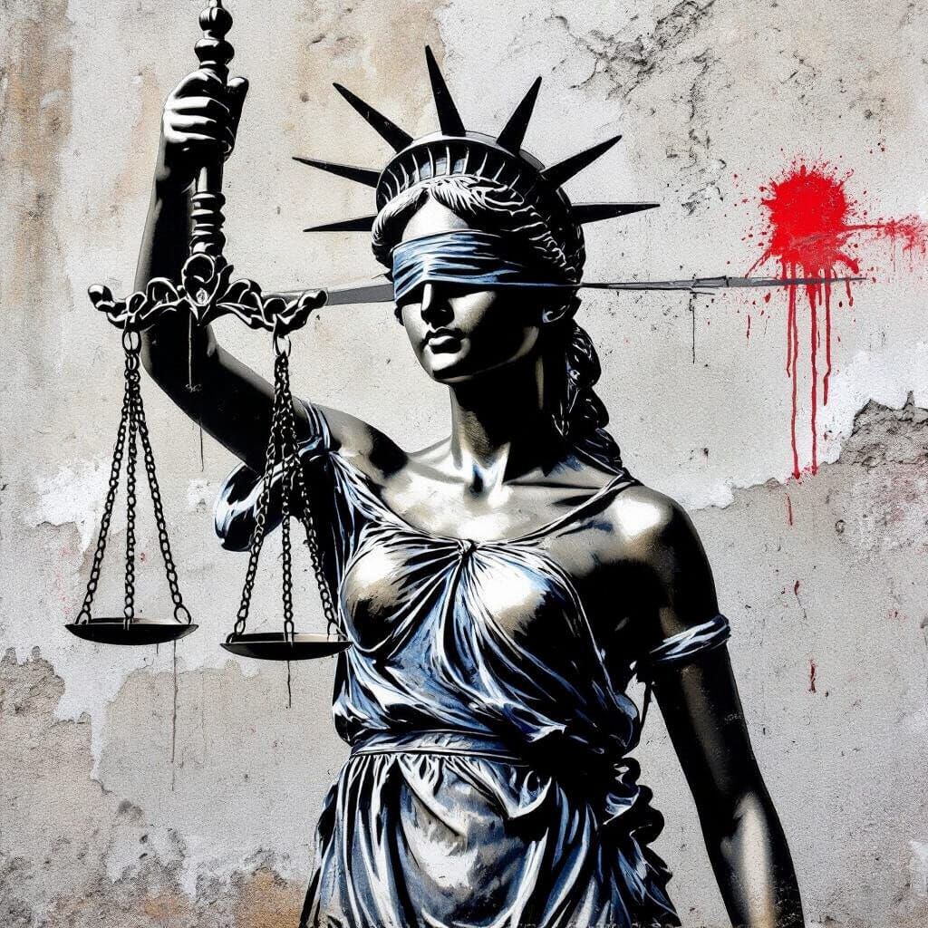 Liberty Blindfolded in Banksy Street Art Style
