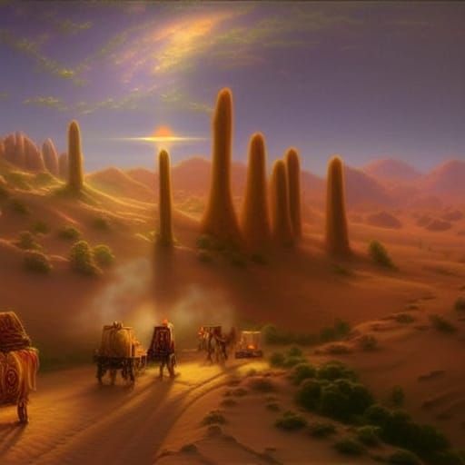 Ethereal Desert Caravan in Fantasy Landscape