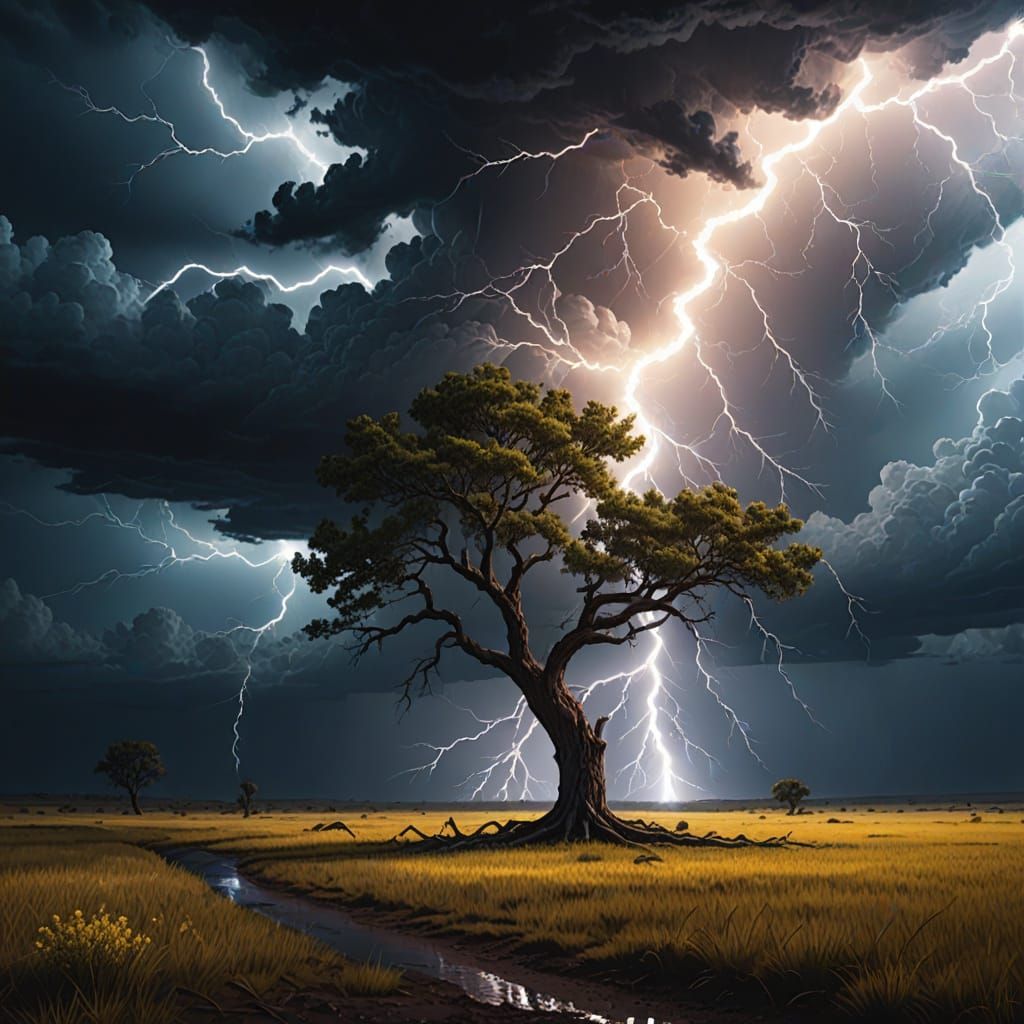 Epic Lightning Strikes Solitary Tree in Stormy Landscape