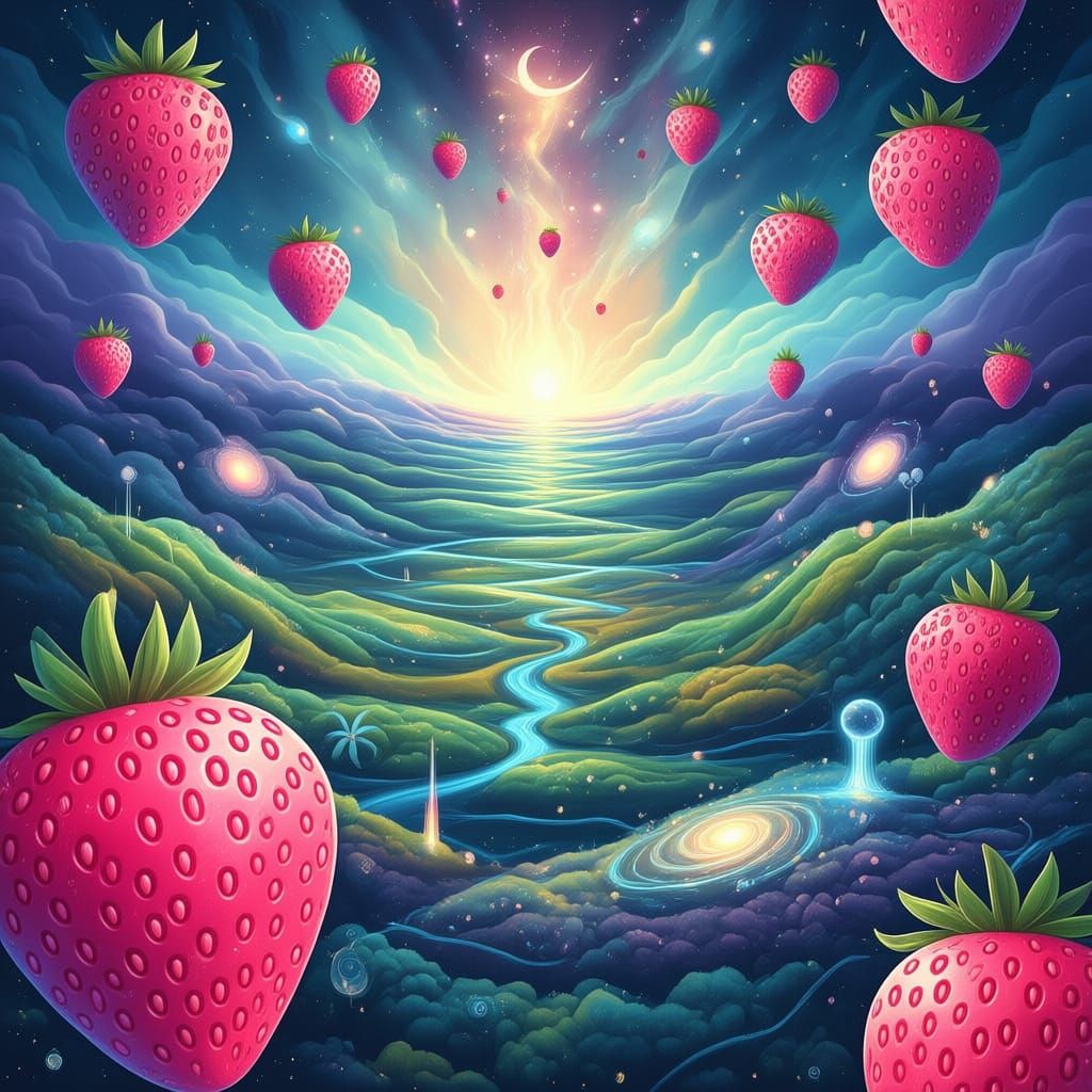 Psychedelic Pink Strawberries in Astral Cosmic Field