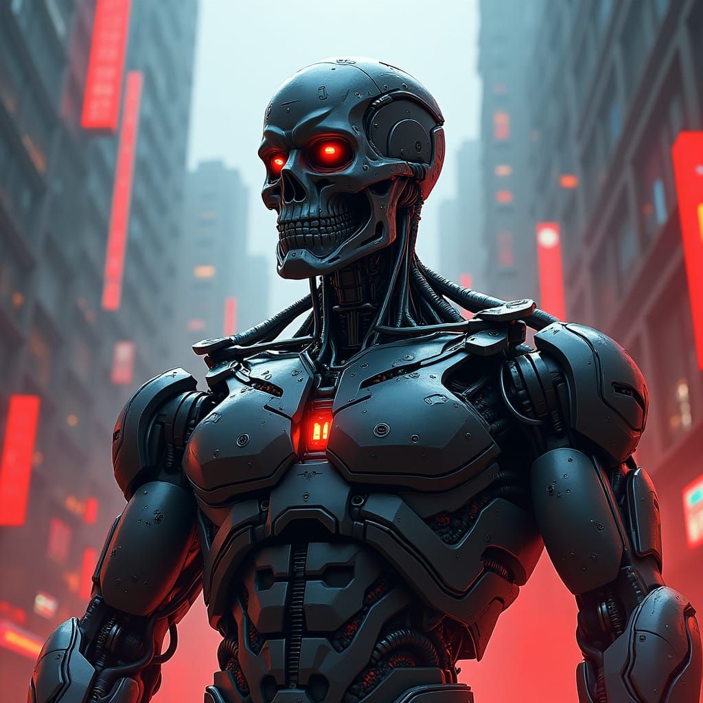 Futuristic Terminator in Dystopian Cityscape
