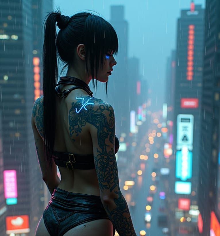 Cyberpunk Cybergirl in Rainy Cityscape