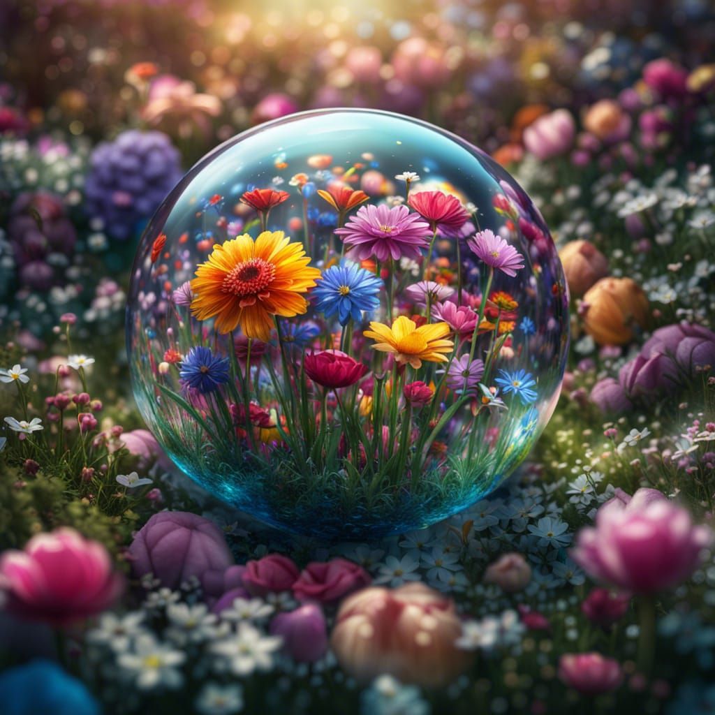 Spring Flowers in Glass Sphere: Digital Illustration