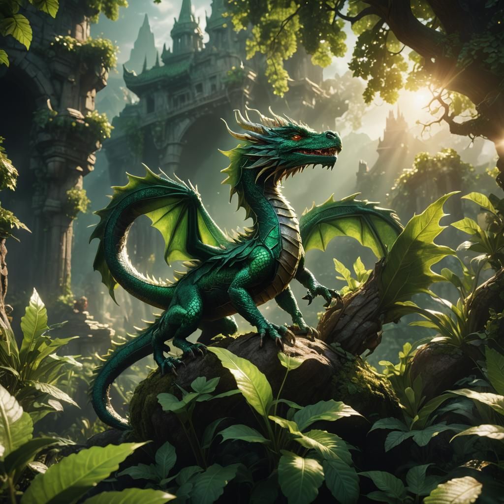 Emerald Leaf Dragon in Sunlight: Digital Matte Painting