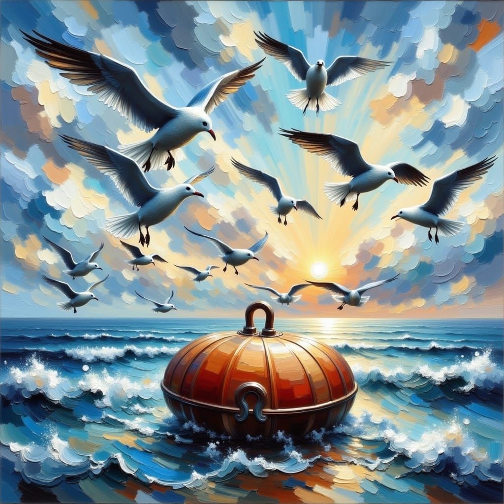 Seagulls Fly Around Buoy in Gouache Oilpaint Style