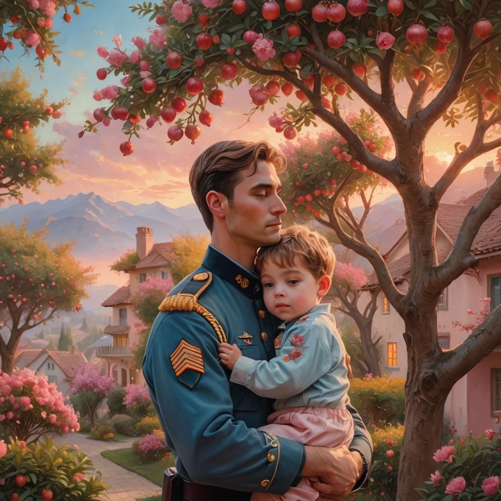 Soldier's Embrace: Ethereal Fantasy Art in Golden Light
