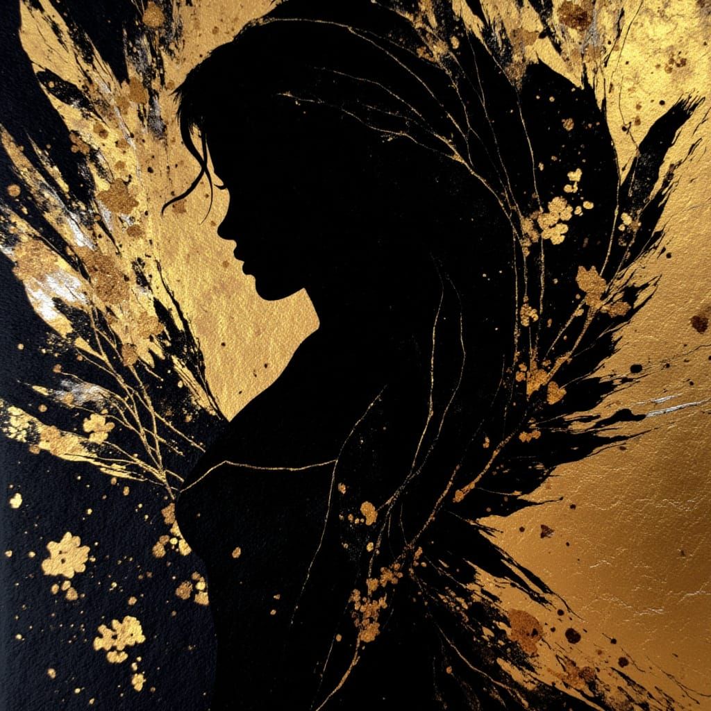 Woman's Profile in Black Ink and Gold Leaf