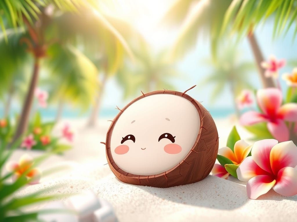 Dreamy Coconut on Tropical Beach in Digital Art Style