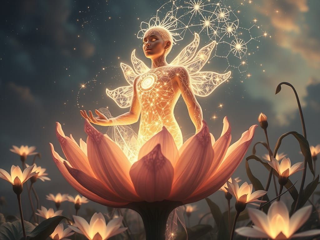 Luminous Entity Emerges from Singing Flower in Anime Art