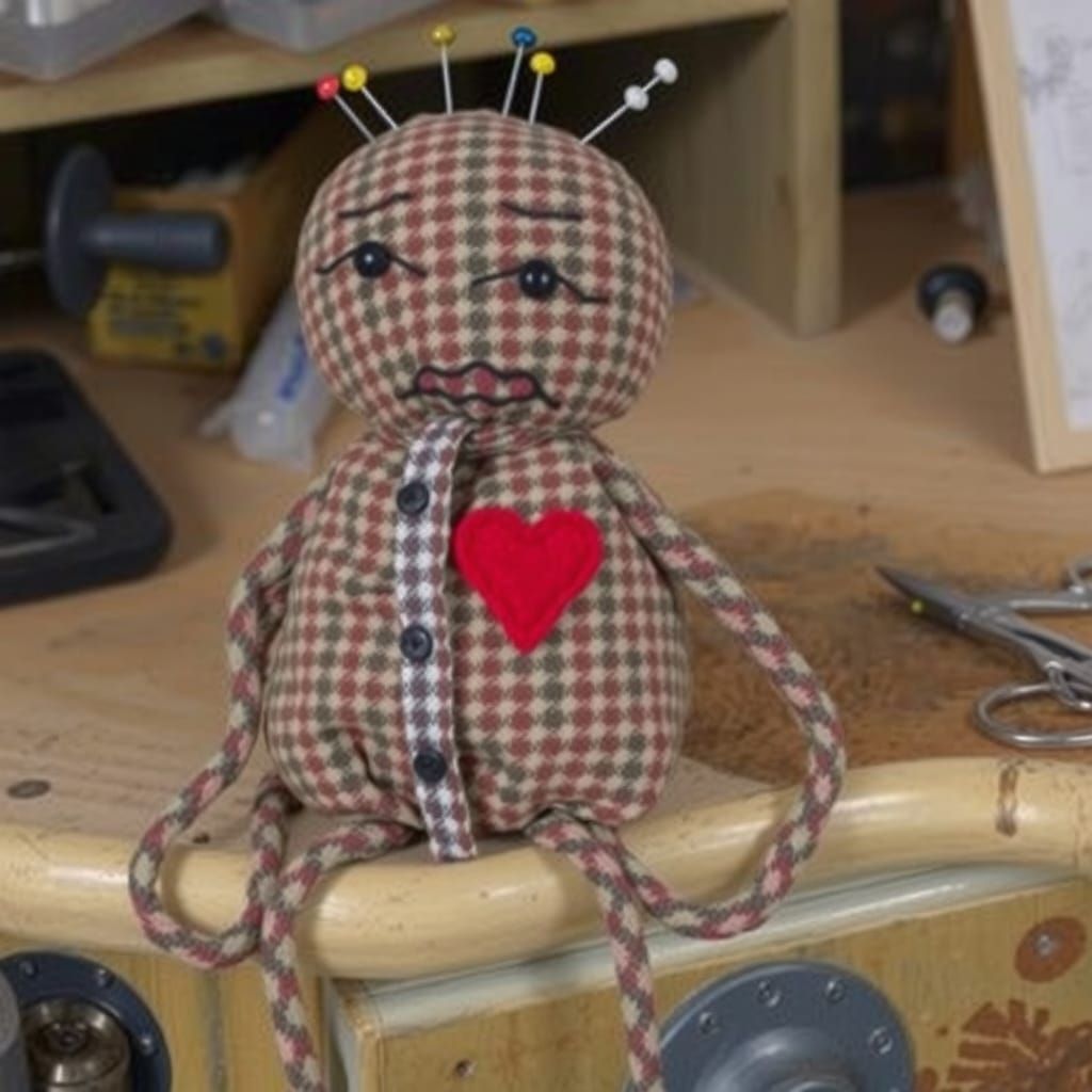 Sad Voodoo Doll Pincushion on Cluttered Workbench