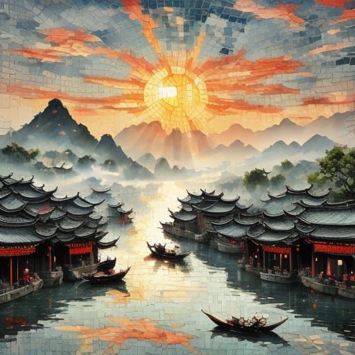 Guizhou Water Village in Muted Neon Watercolor Style