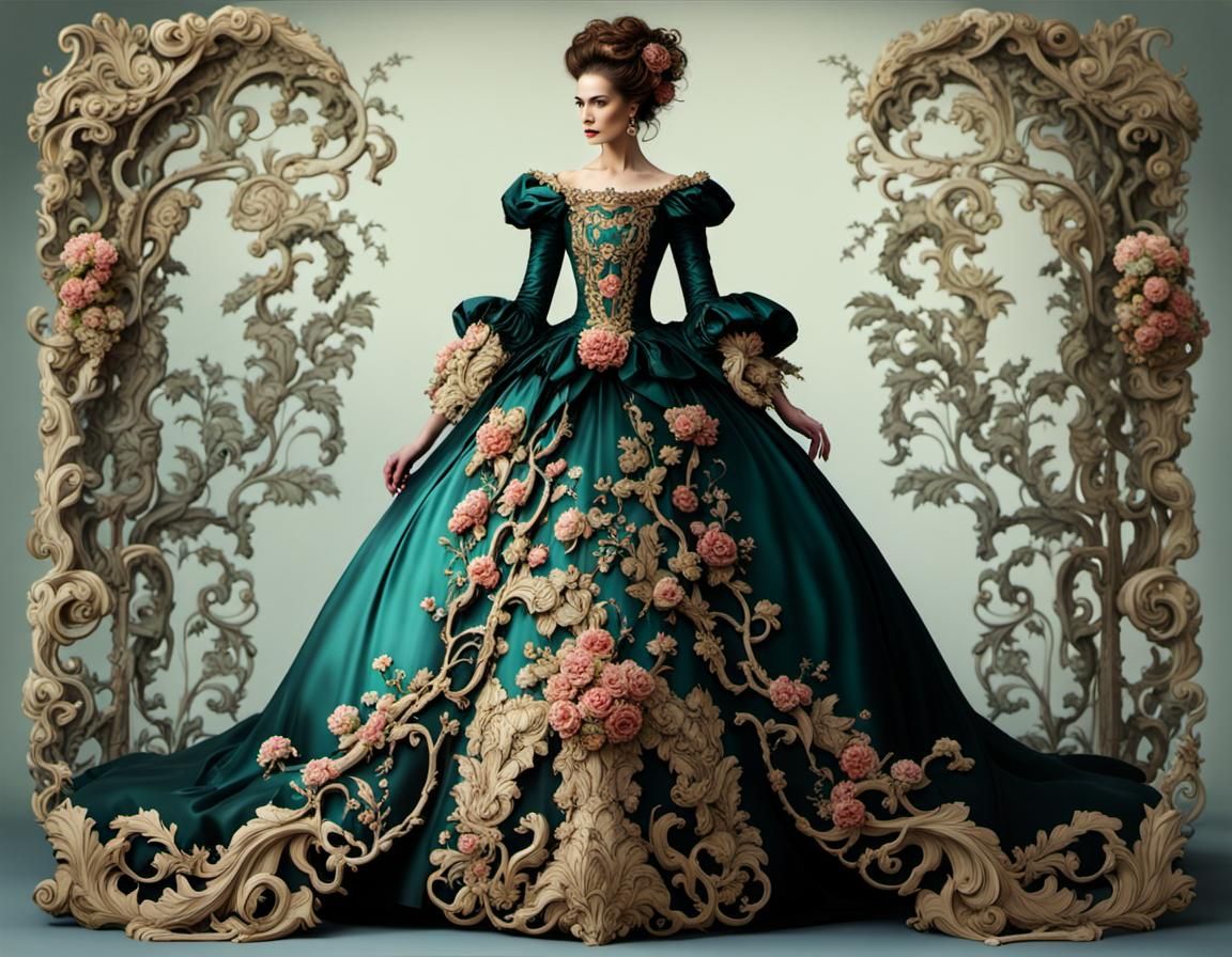 elegant dress, baroque, rococo, high fashion, jeweled belt with vines, full body, insanely detailed and intricate, elega...