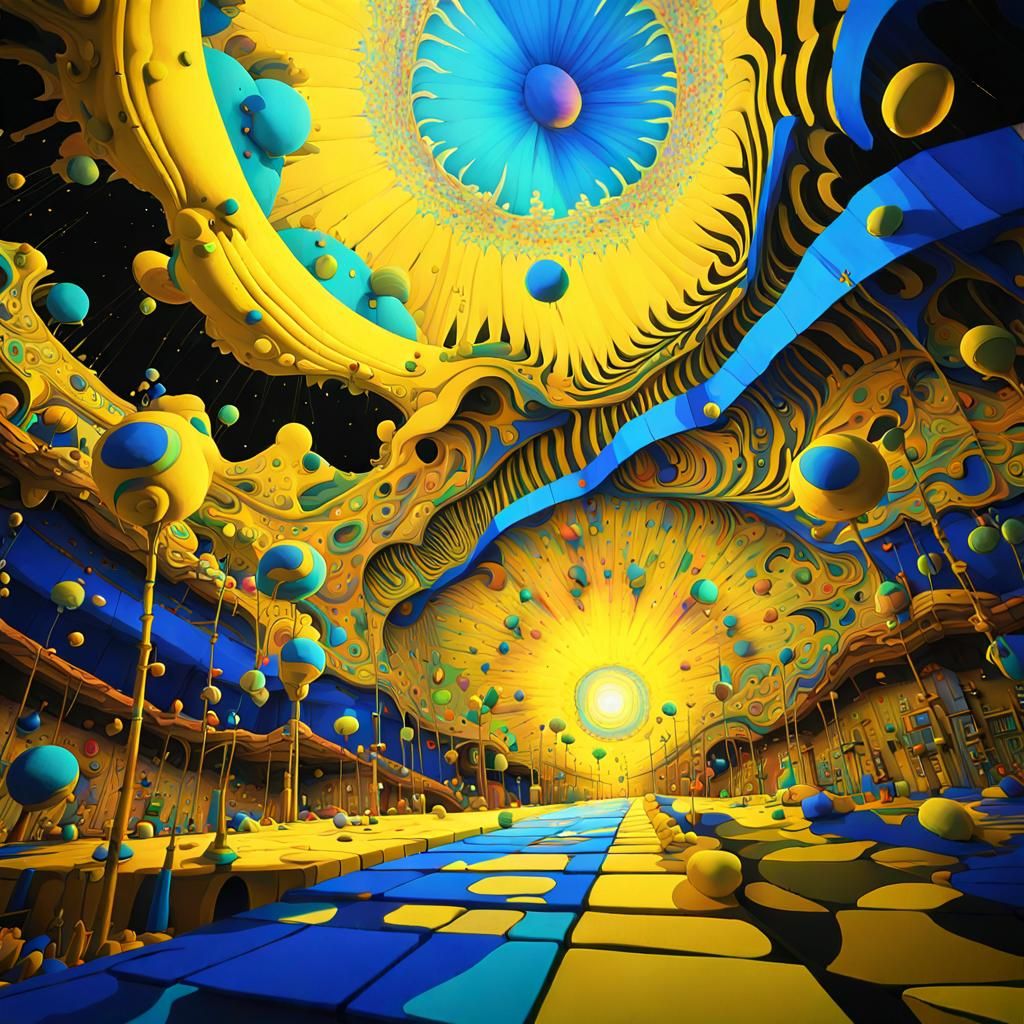 Psychedelic Yellow Fantasy Structure with Dancing Notes