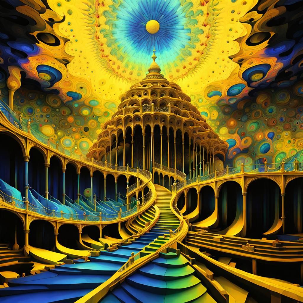 Psychedelic Yellow Palace with Dancing Music Notes