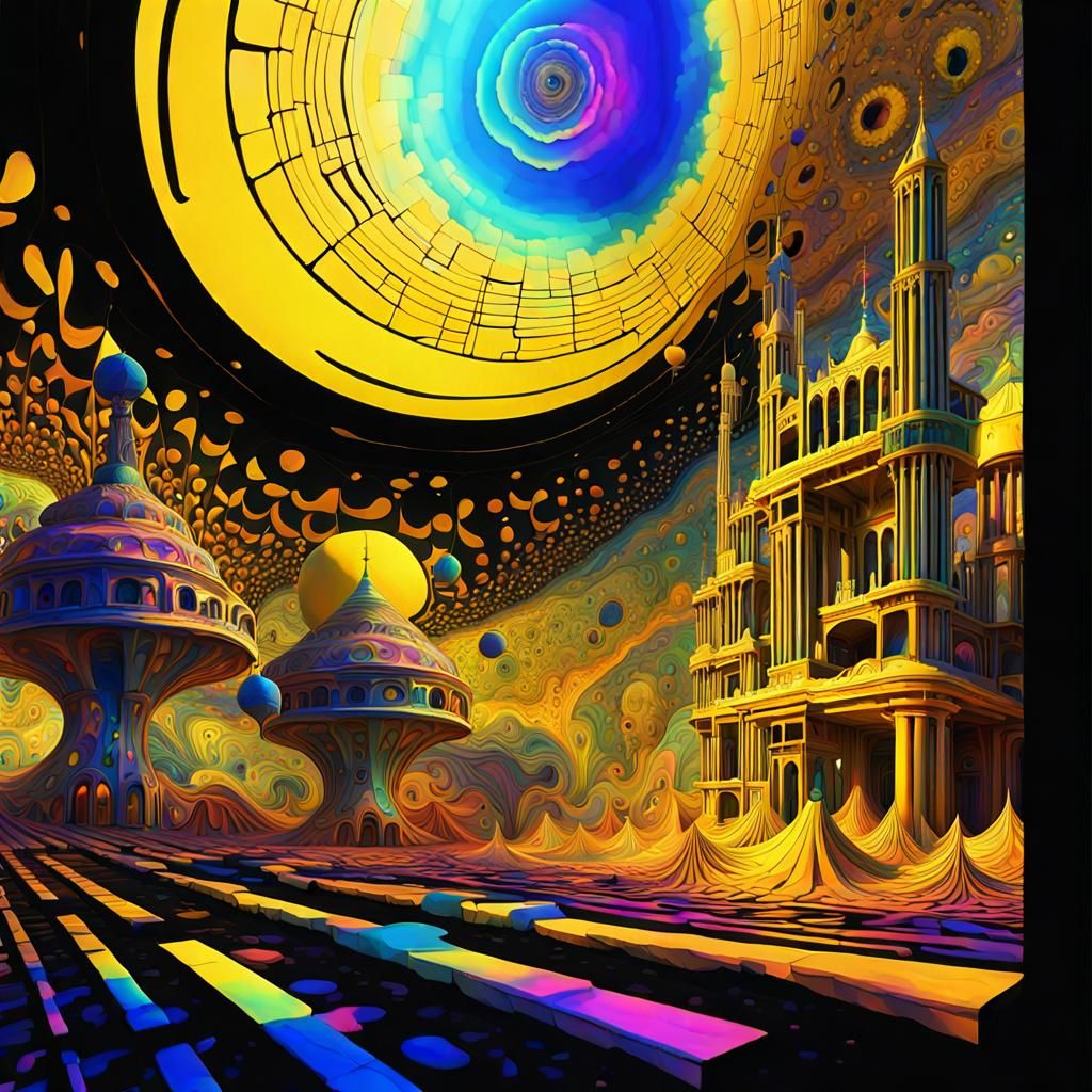Psychedelic Yellow Fantasy Structure in Abstract Art Style