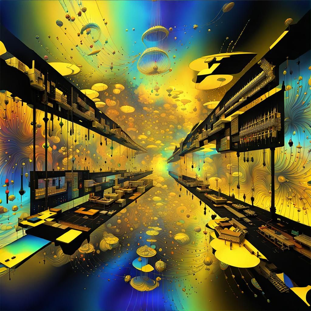 Psychedelic Yellow Fantasy Structure with Dancing Notes