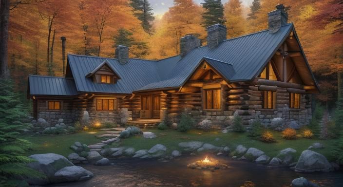 Mountain Lodge in Autumn Landscape Illustration