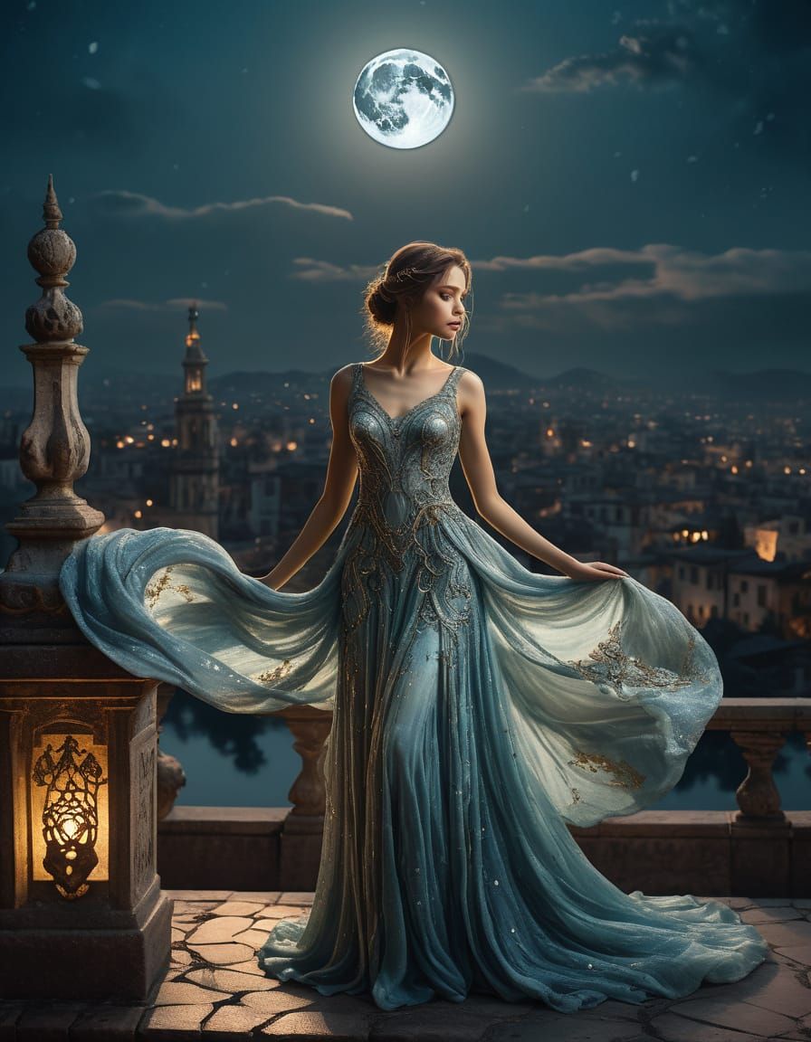 Woman Under Moonlit Cityscape in Fantasy Art