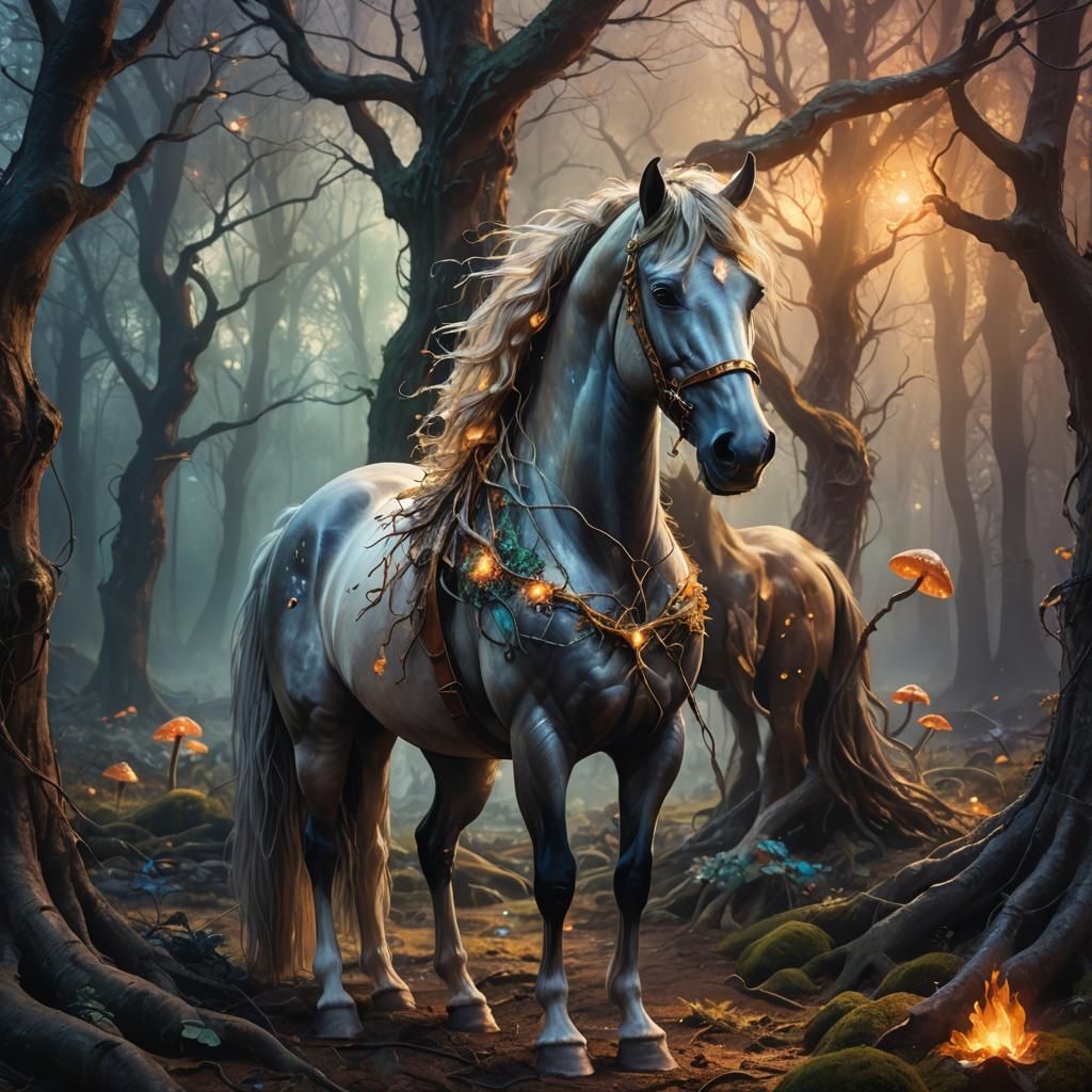 Mystical Horse Portrait in Fantasy Forest