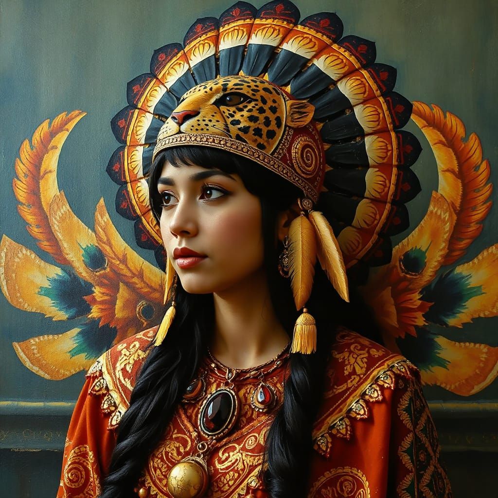 Mayan Goddess with Jaguar Headdress as Impasto Painting