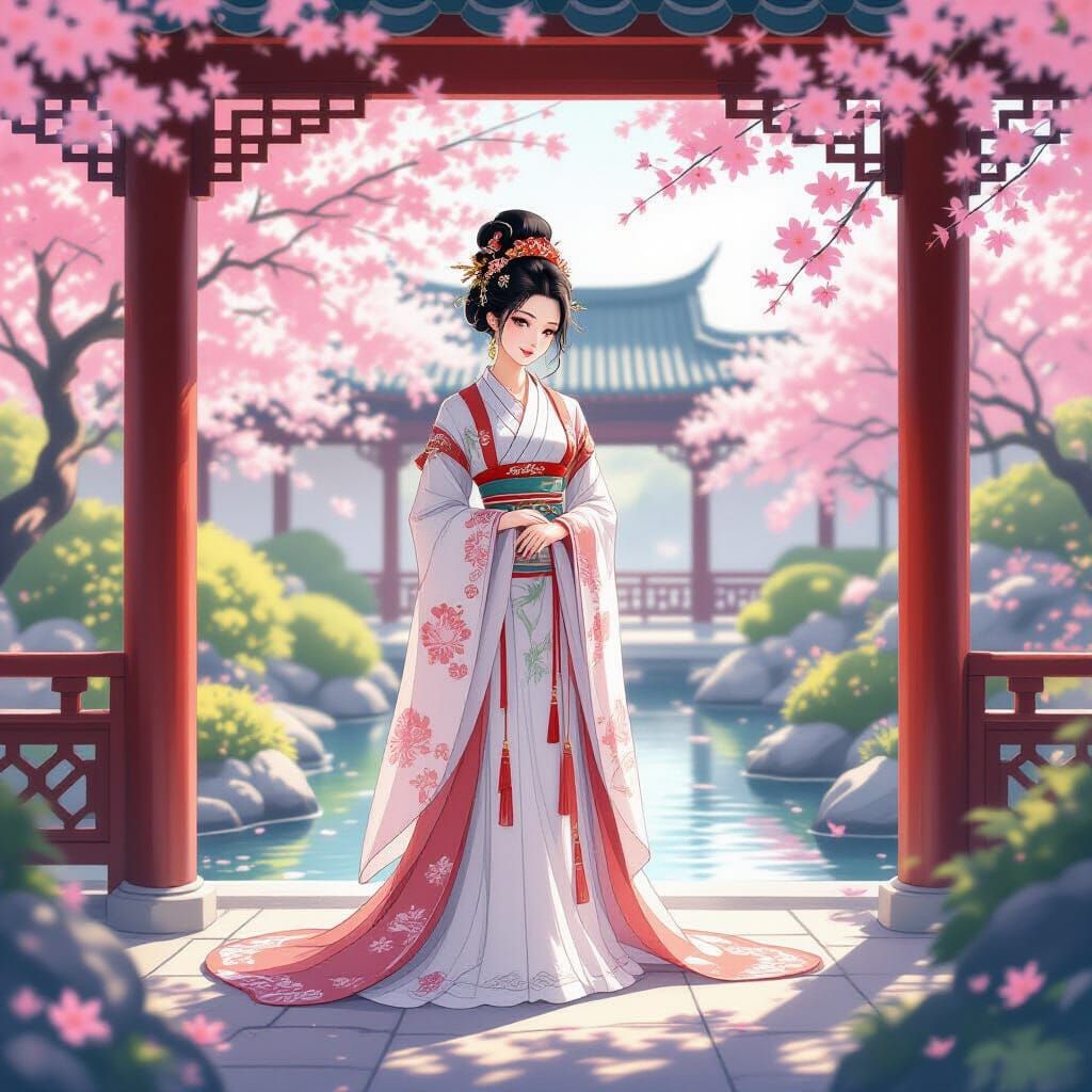 Ancient Chinese Beauty in Spring Garden Anime Style