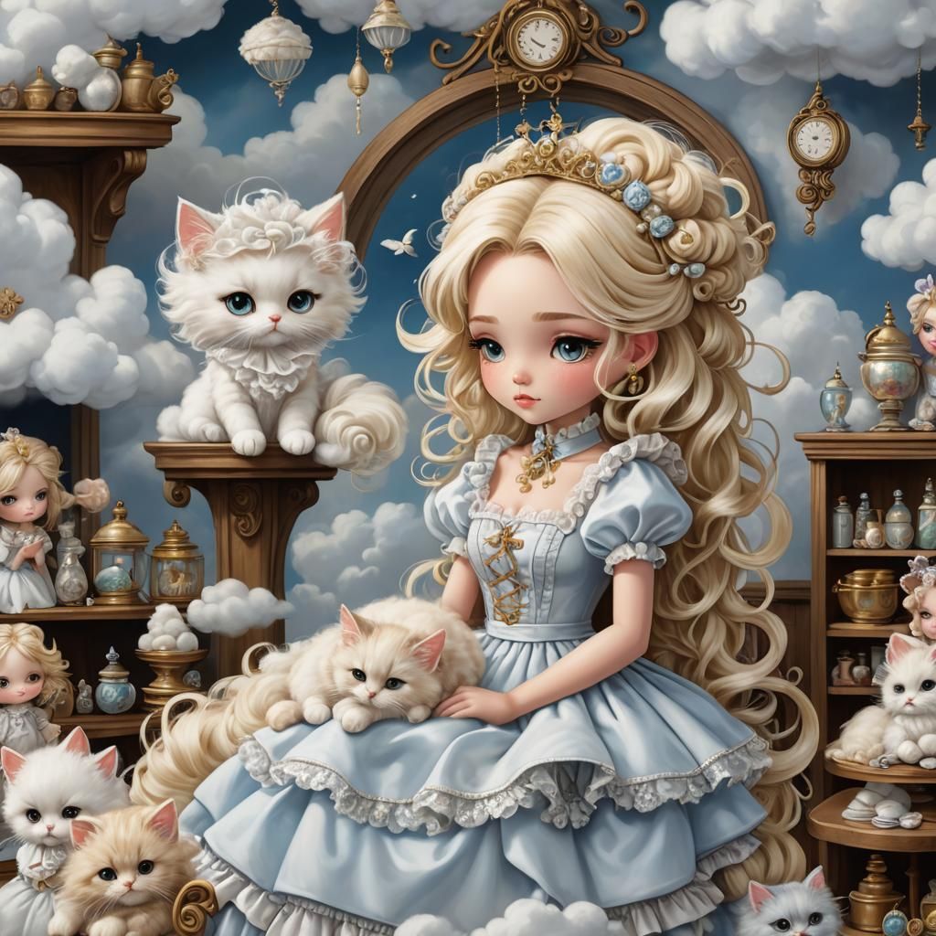 Evil Princess Shopping with Cloud Catgirls, Fantasy Art