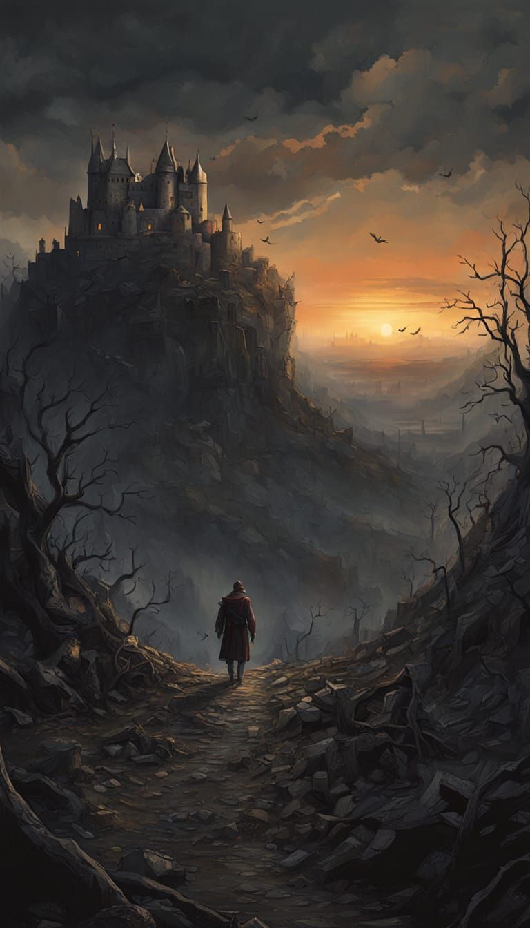 Grimdark Fortress Landscape at Sunset Oil Painting