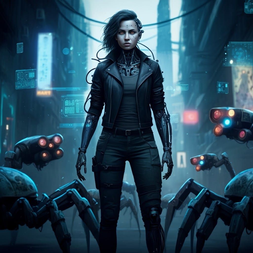 Cyberpunk Woman and Robotic Spiders in Dystopian City