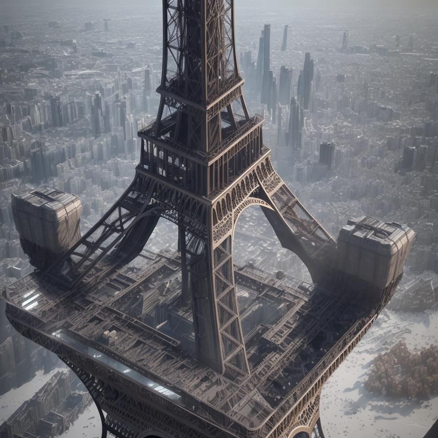 Sleeping giant on the top of the Eiffel Tower in winter. intricate mech details, ground level shot, 8K resolution, Cinem...