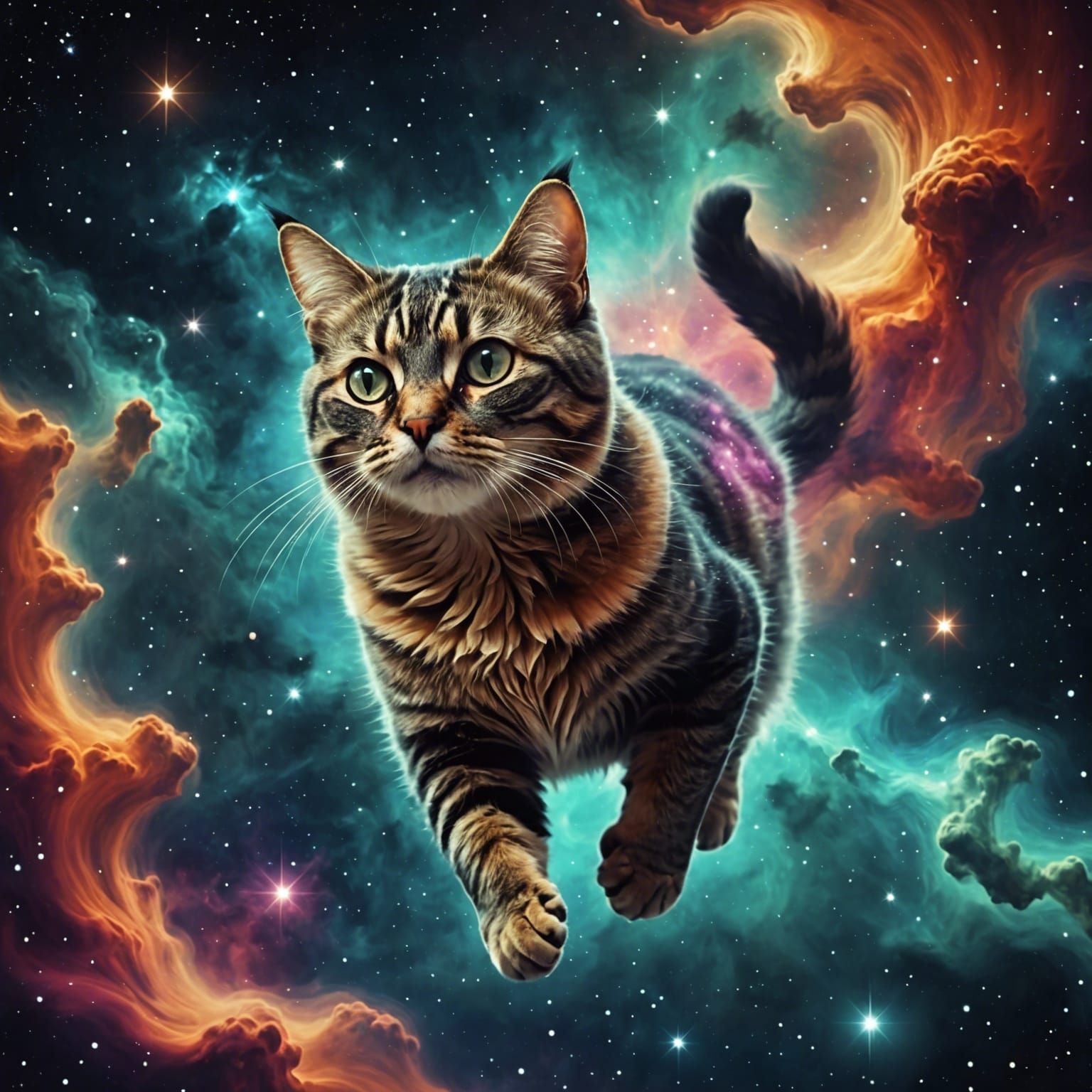 Cat Floating in Space with Nebulas