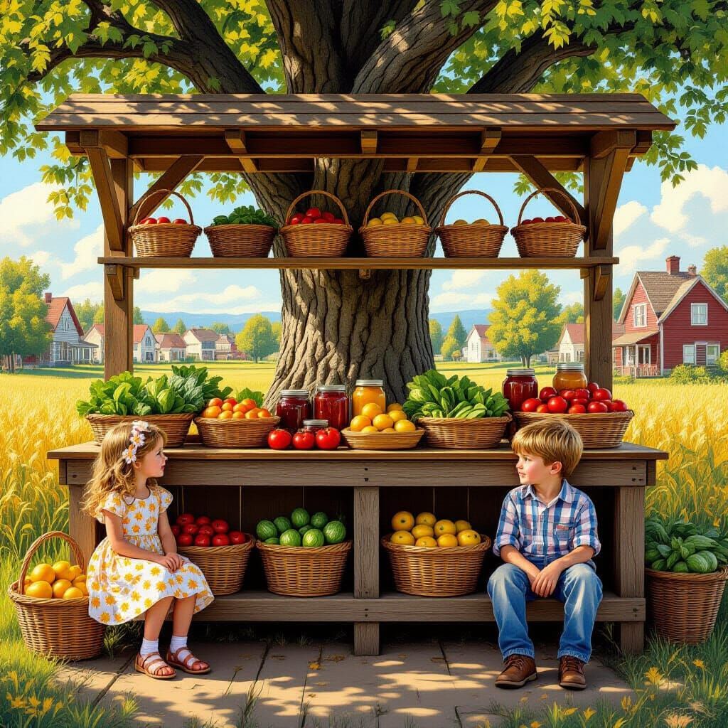 Vibrant Farmstand Scene in Hyperrealistic Style