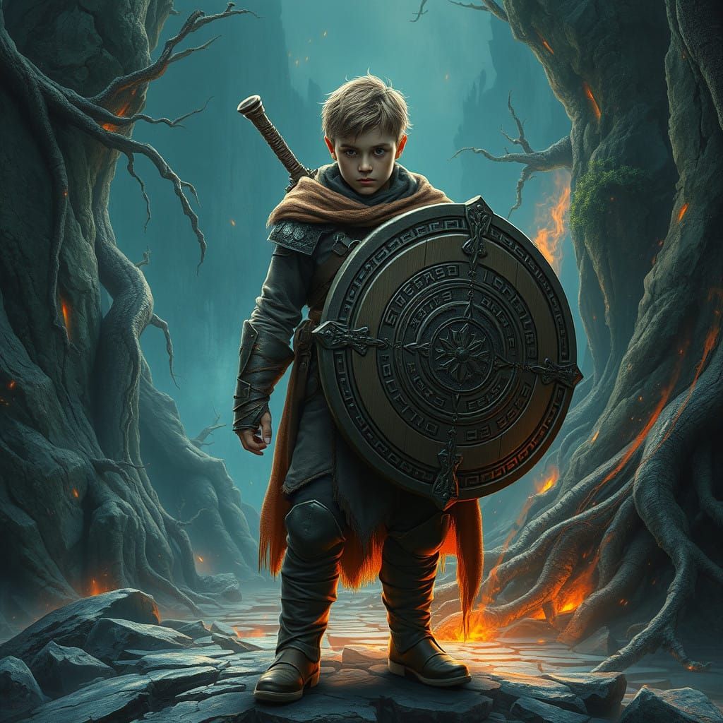 Defiant Warrior in a Fantasy Landscape