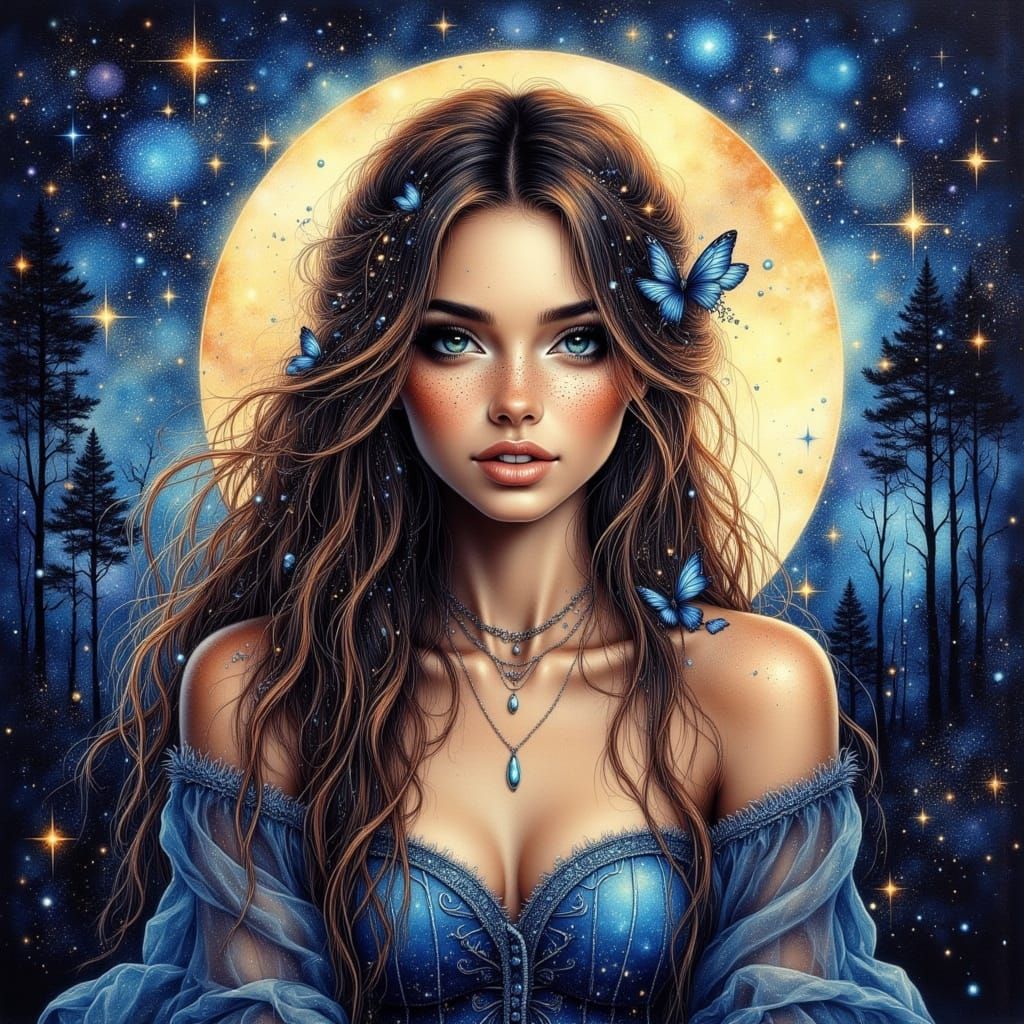 Whimsical Bohemian Goddess Under Starry Cosmic Skies