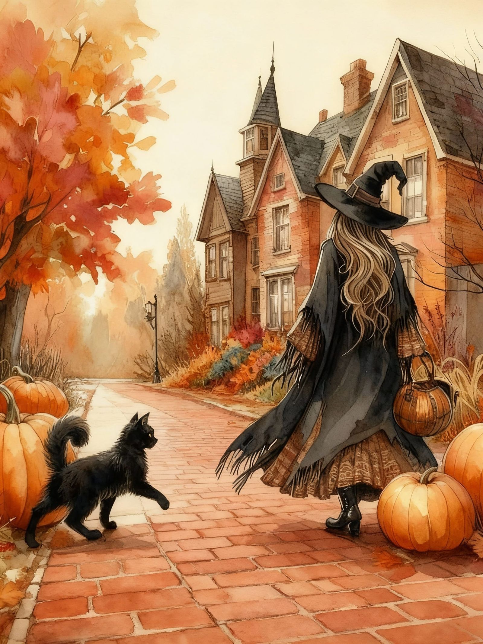 Witch and Black Cat on Brick Sidewalk