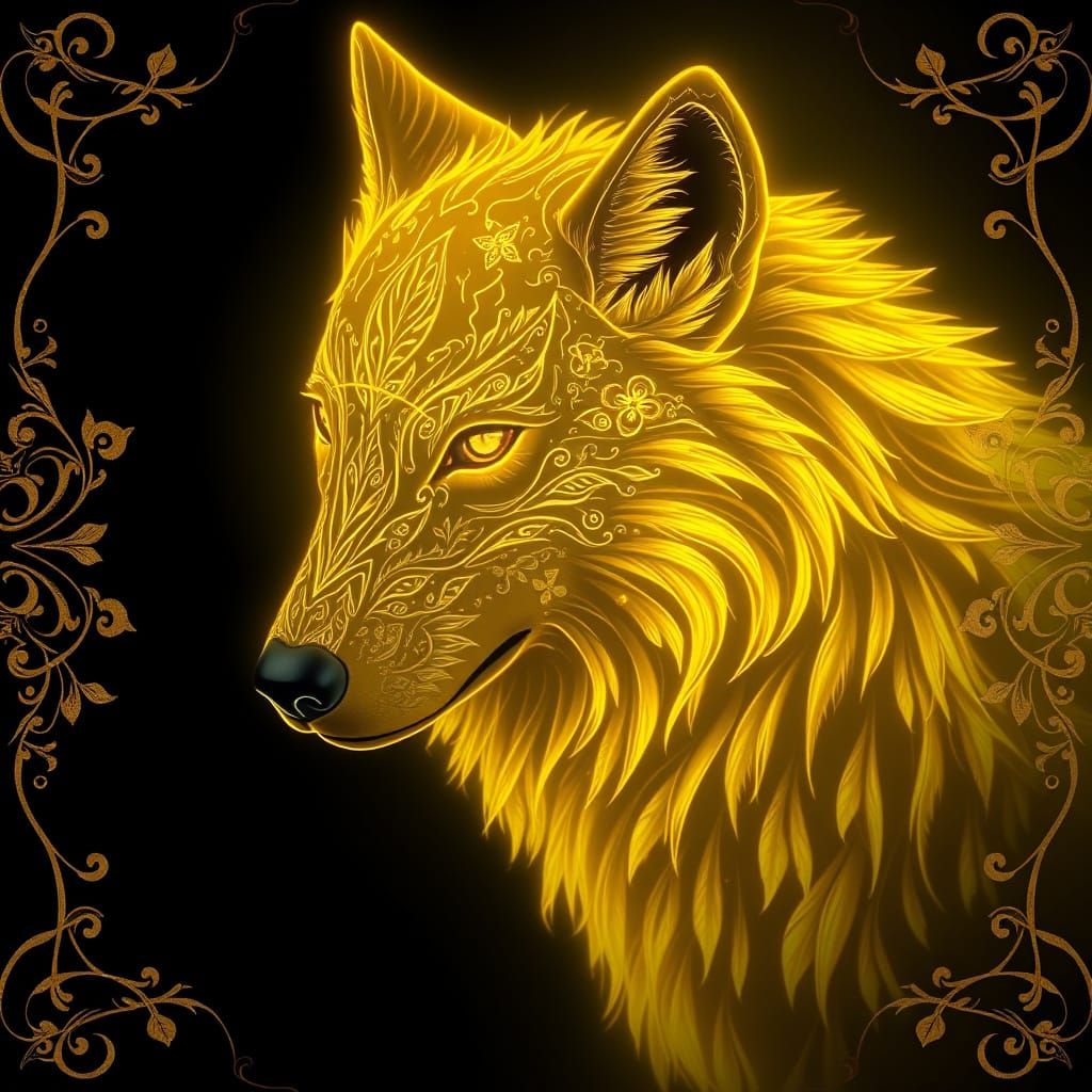 Bioluminescent Golden Wolf with Filigree Details