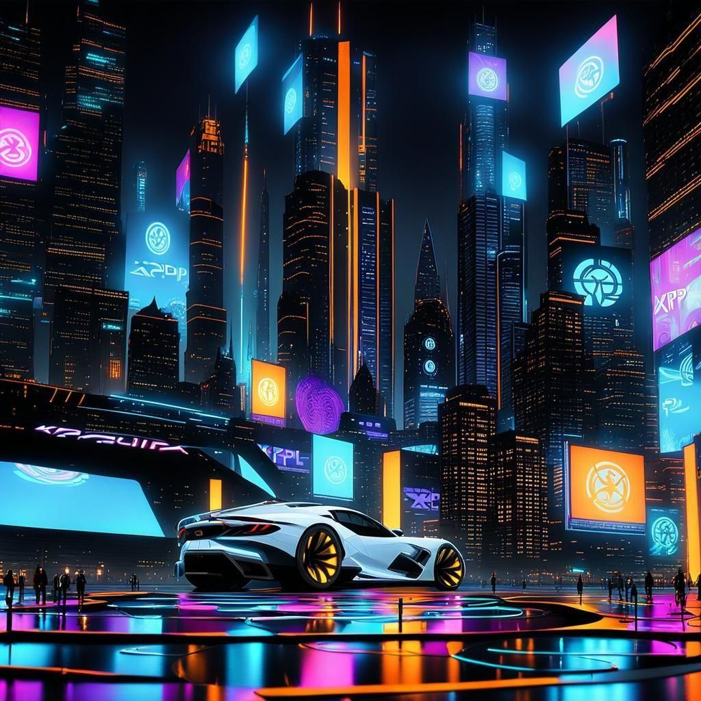 Futuristic Cityscape with Ripple XRP Logos in Anime Style