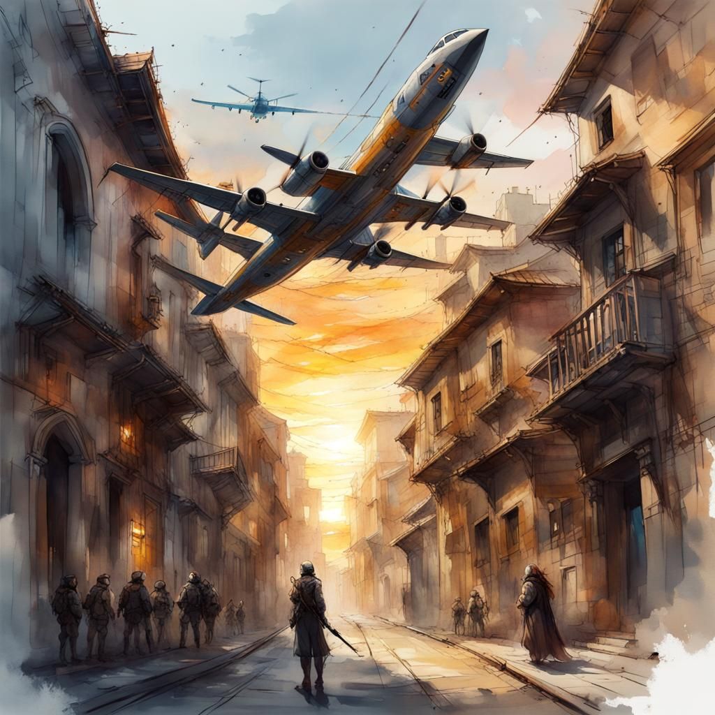 gothic airforce plane shooting Amazon knights   in medieval old town