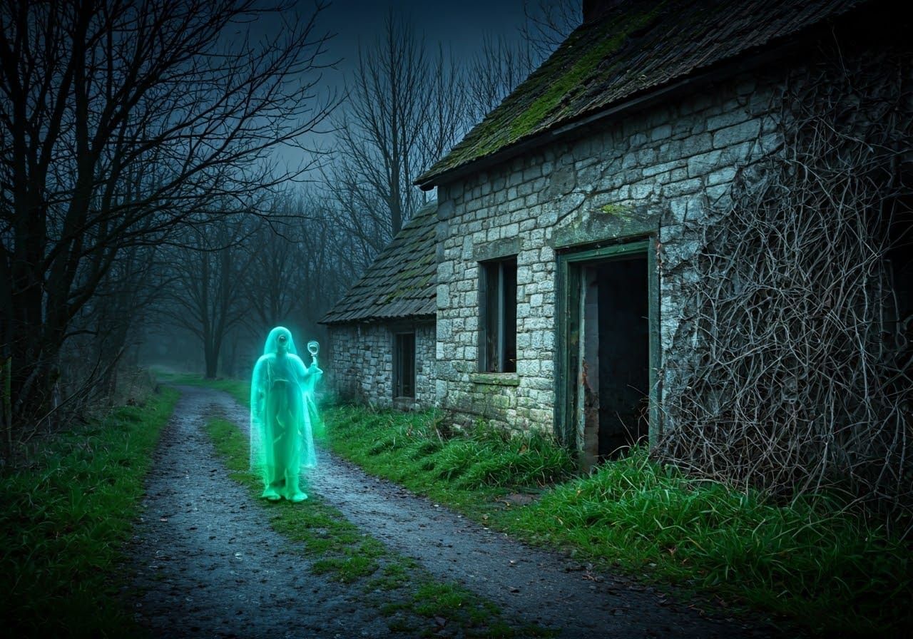 Ethereal Ghostly Figure in Haunted Village
