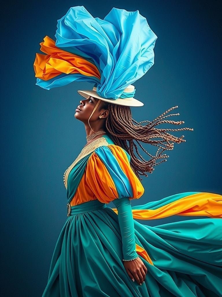 African American Woman in Azure & Gold Gown