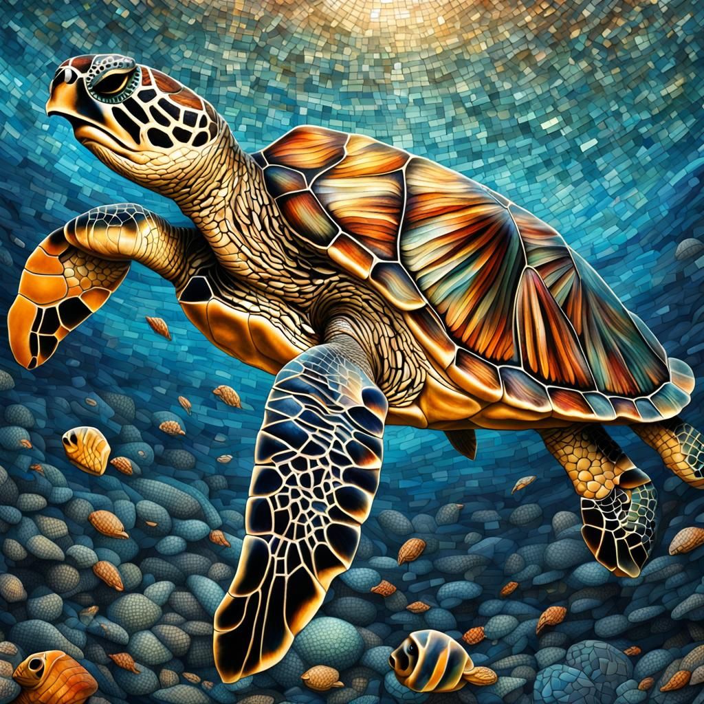 Sea turtle. Mosaic art. intricate details, HDR, beautifully shot, hyperrealistic, sharp focus, 64 megapixels, perfect co...