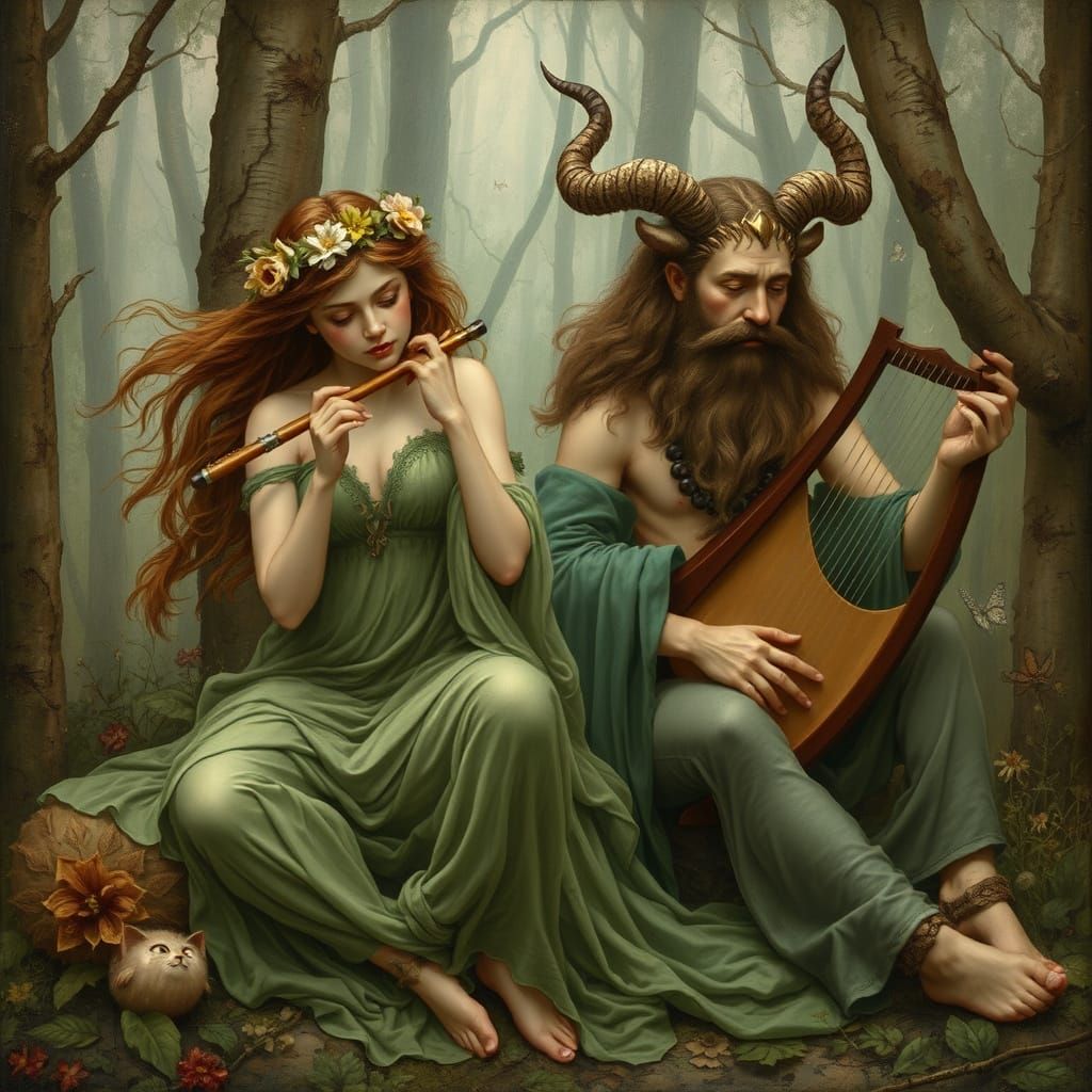 Nymph and Satyr Duet in Mythical Forest