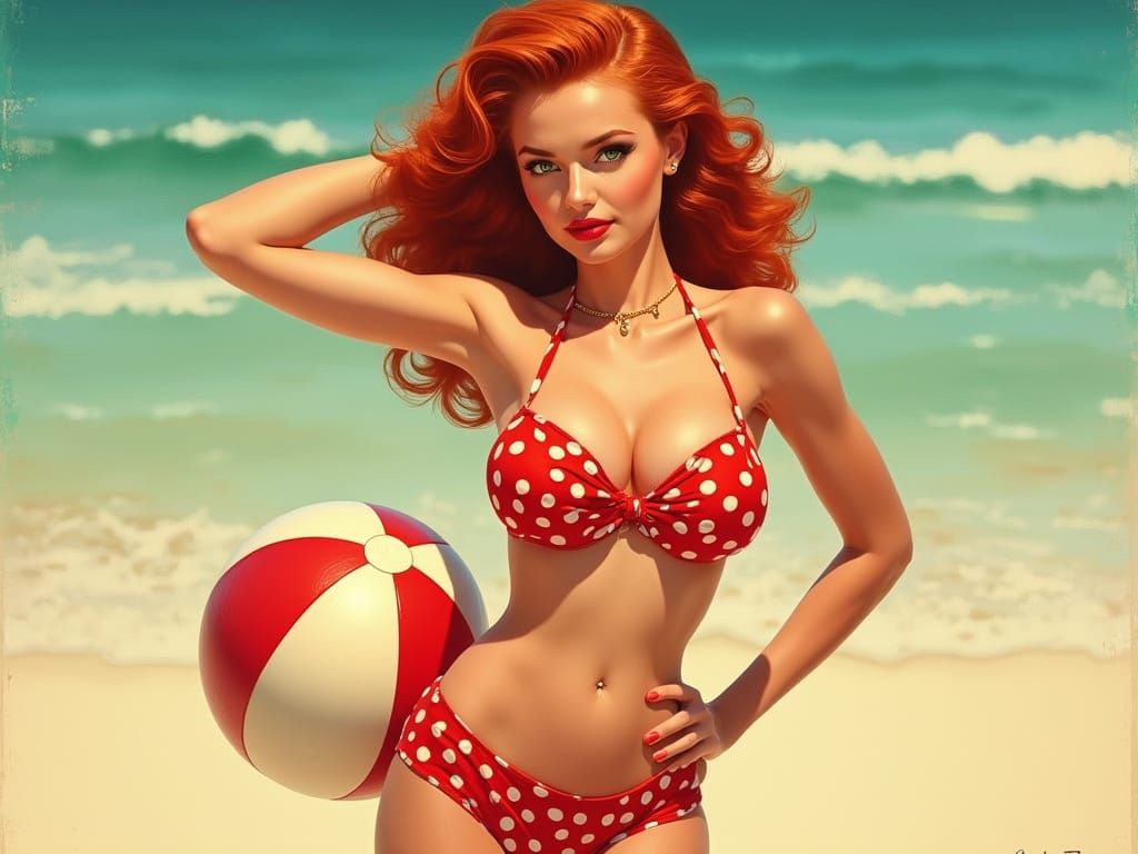 Sultry Redhead Posing with Retro Beach Ball in Pin-Up Style