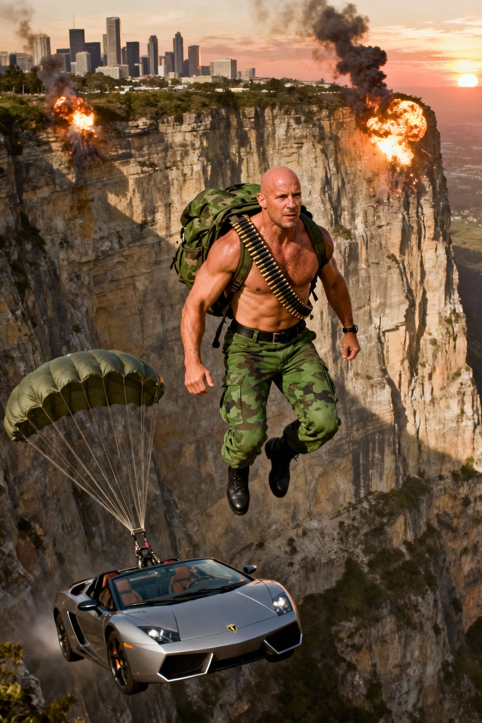 Action Movie Stunt: Bald Man Ejects From Car Near Cliff