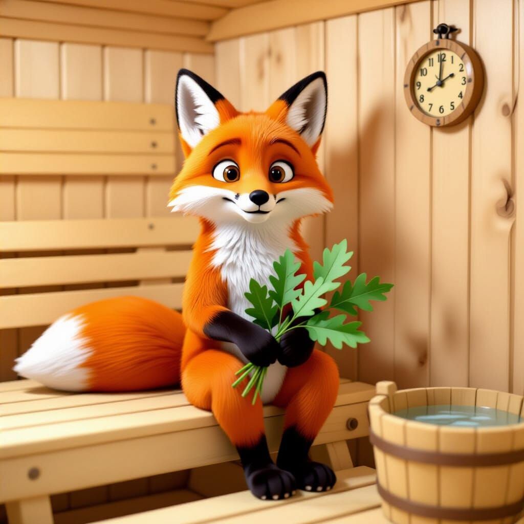 Relaxed Cartoon Fox Enjoying a Sauna