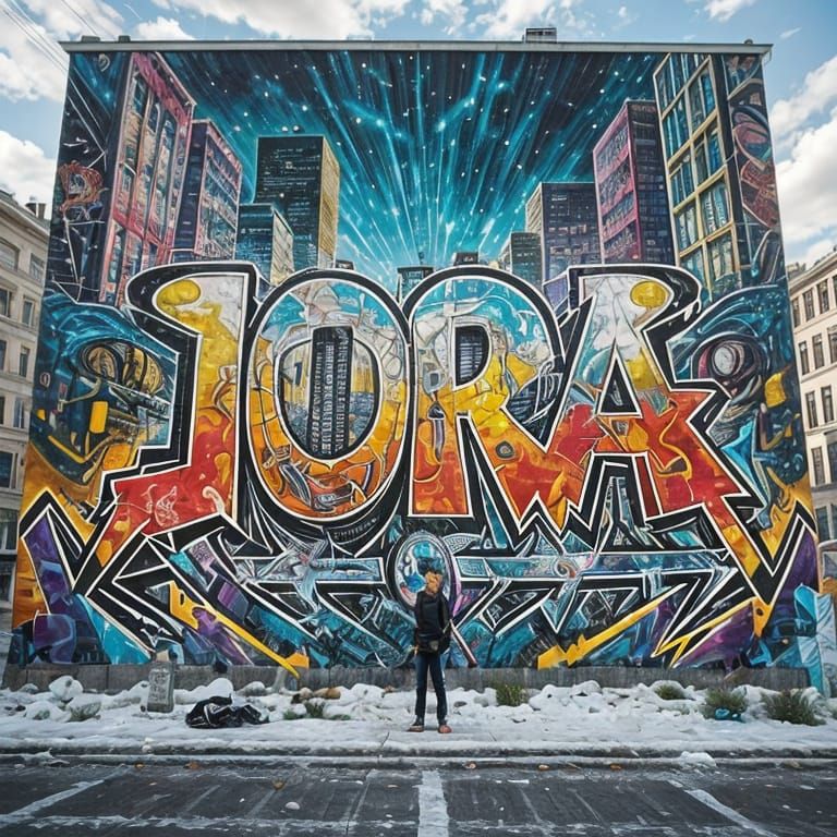 Vibrant Graffiti Mural Painting in Urban Cityscape