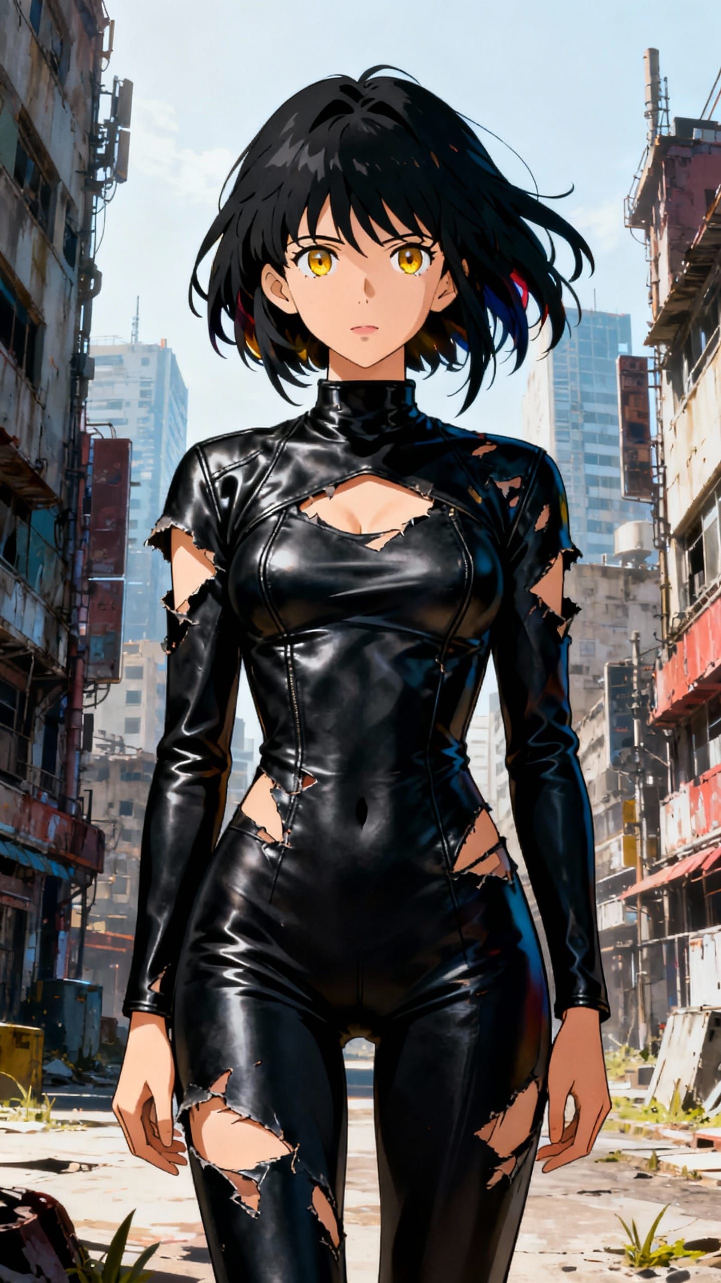 Anime Woman with Black Hair and Gold Eyes in Dystopian City