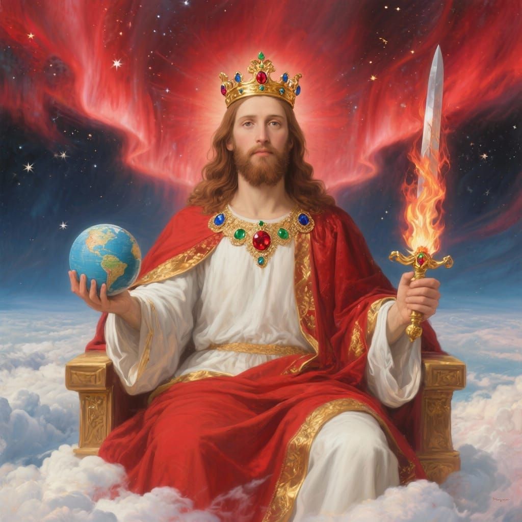 Jesus Christ on Throne with Flaming Sword in Heaven