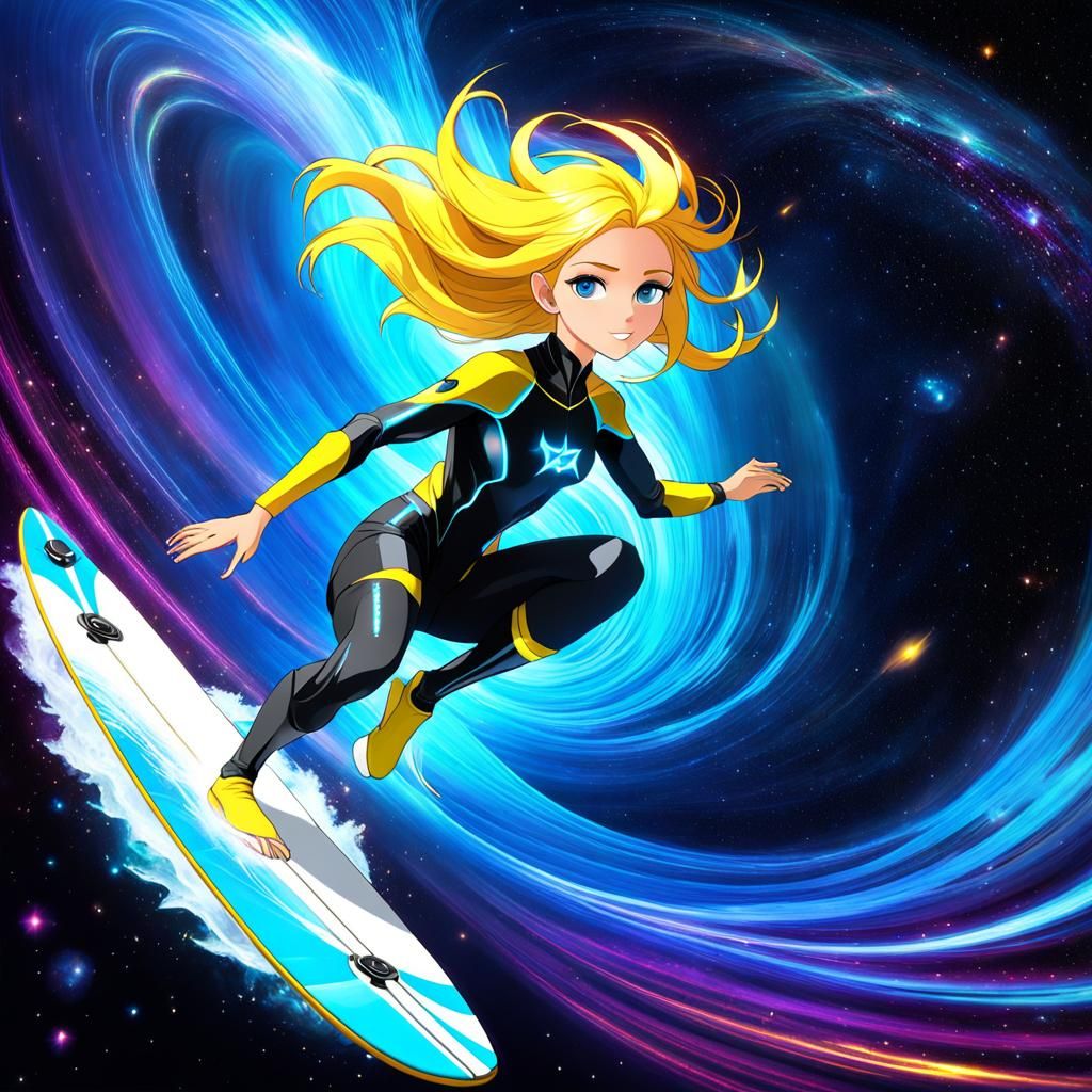 Woman Surfing Through Space in Anime Style